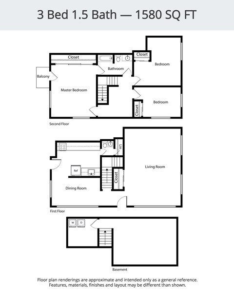 A floor plan for a 3 Bed 1.5 Bath - 1580 SQ FT.