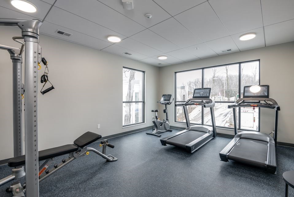 A gym with treadmills, a weight bench, and a squat rack.