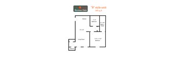 A diagram of a floor plan for a 500 sq ft 'B' style unit at Sherman Oaks.