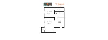A diagram of a floor plan for a 700 sq ft "C" style unit by Sherman Oaks.