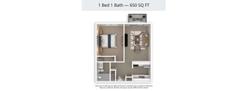 A floor plan of a 1 Bed 1 Bath apartment is 650 square feet.
