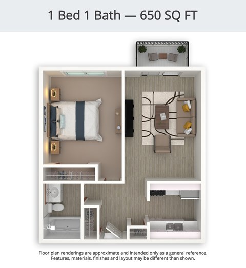 A floor plan of a 1 Bed 1 Bath apartment is 650 square feet.