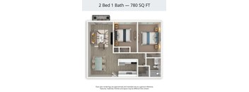 A 2 Bed 1 Bath apartment is 780 square feet.