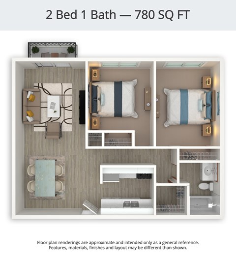 A 2 Bed 1 Bath apartment is 780 square feet.