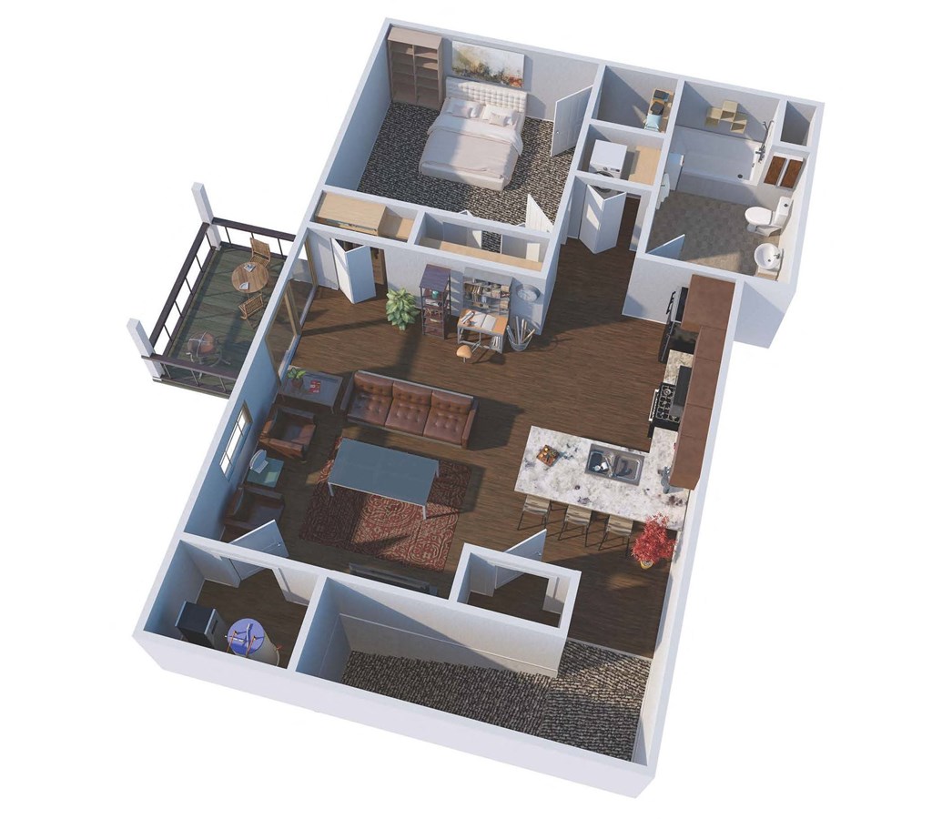 a 3d floor plan of a house with a bedroom and a living room