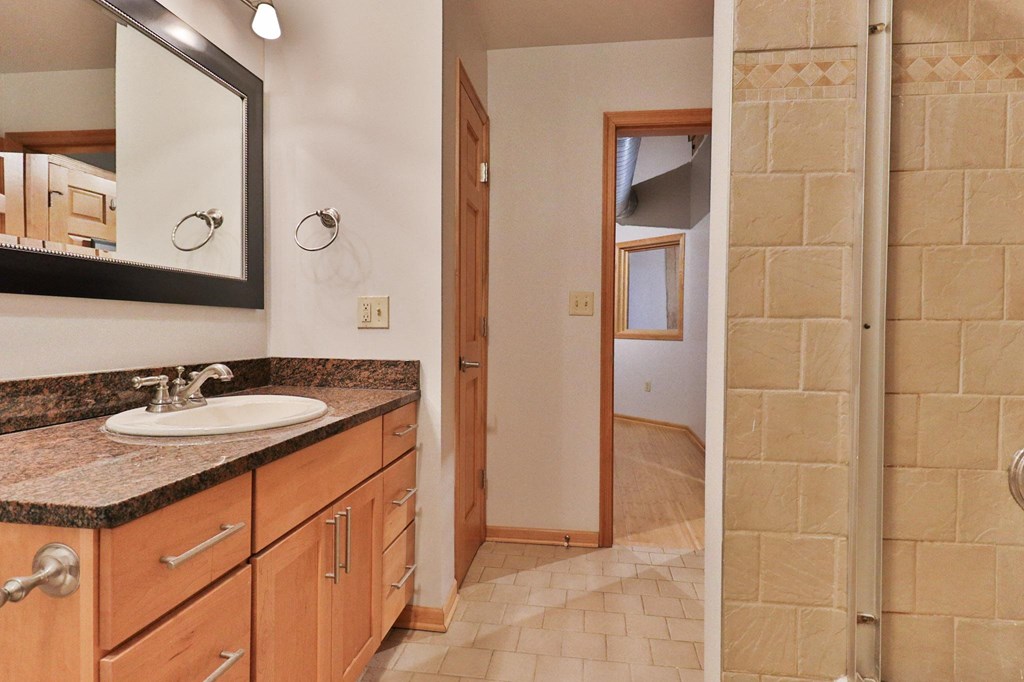 a bathroom with a sink and a mirror and a shower