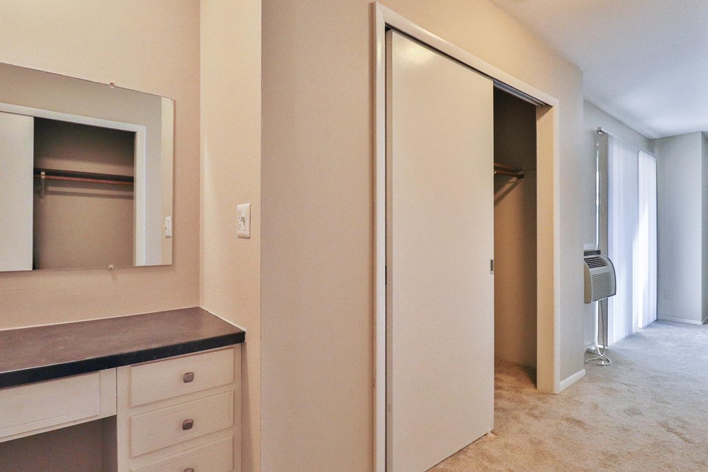a bathroom with a mirror and a closet