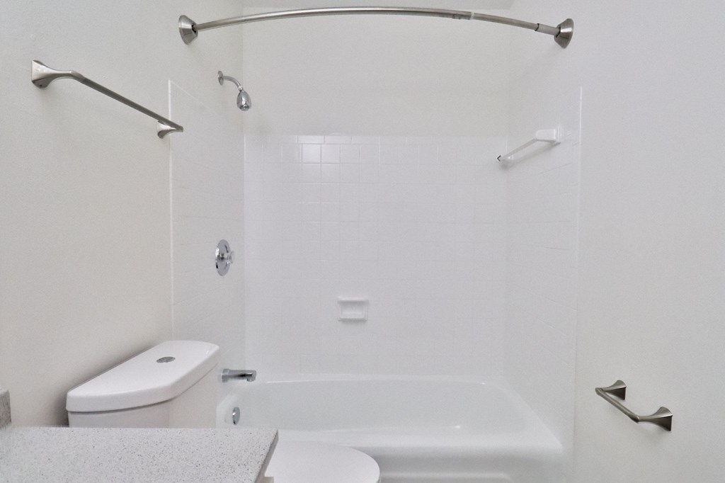 a white bathroom with a shower and a toilet