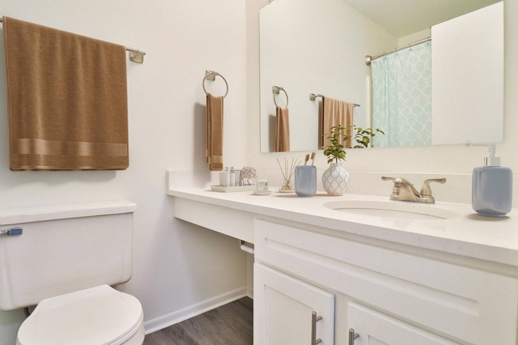 A bathroom with a toilet, sink, and mirror.