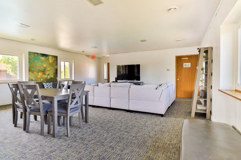 A living room with a grey carpet and a white sofa.