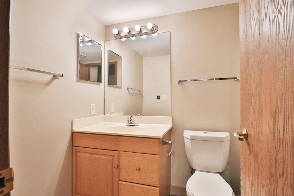 A bathroom with a toilet, sink, and mirror.