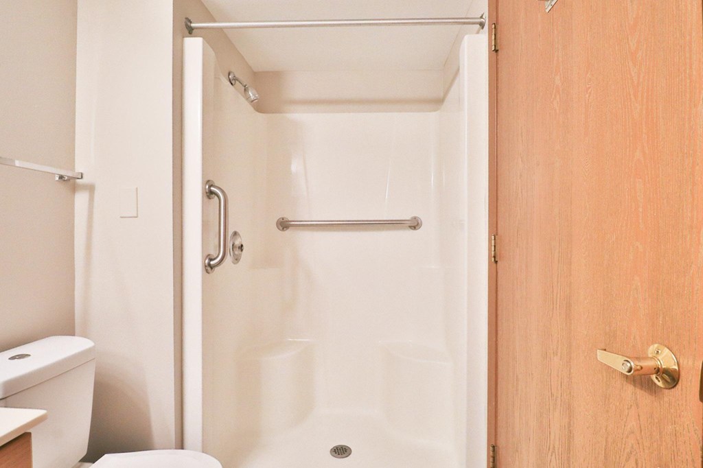 A white bathroom with a toilet, a shower, and a wooden door.