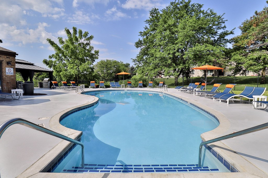 A large outdoor swimming pool surrounded by trees and sun loungers.