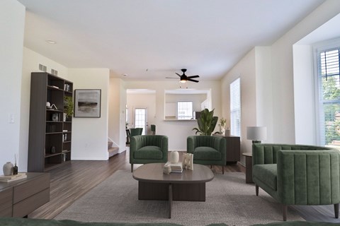 A living room with a green chair and a grey rug.