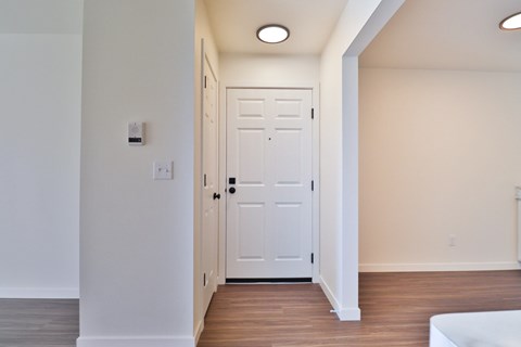 A white door is in a hallway with wood floors.