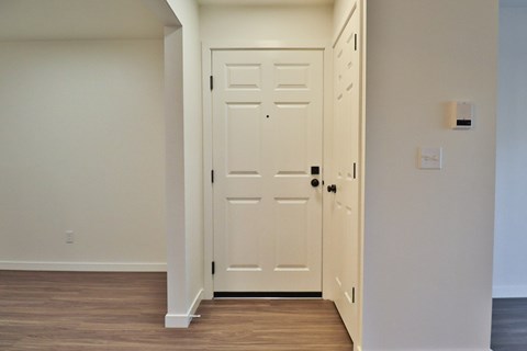 A white door is in a white room.