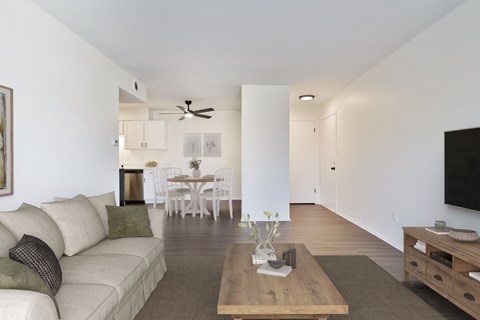 A living room with a couch, a dining table, and a television.