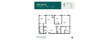 A floor plan for an apartment complex called Infinite is displayed, showing the layout of three bedrooms, living rooms, bathrooms, and kitchens.