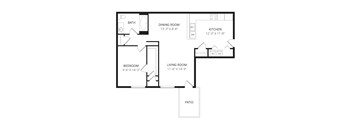 A floor plan of a house with a living room, dining room, kitchen, bedroom and bathroom.