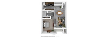 A floor plan of a small apartment with a kitchen, living room, and bedroom.