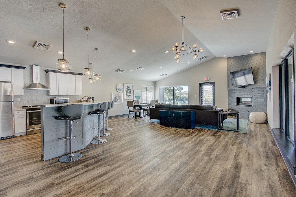 the reserve at bucklin hill clubhouse with kitchen and living room