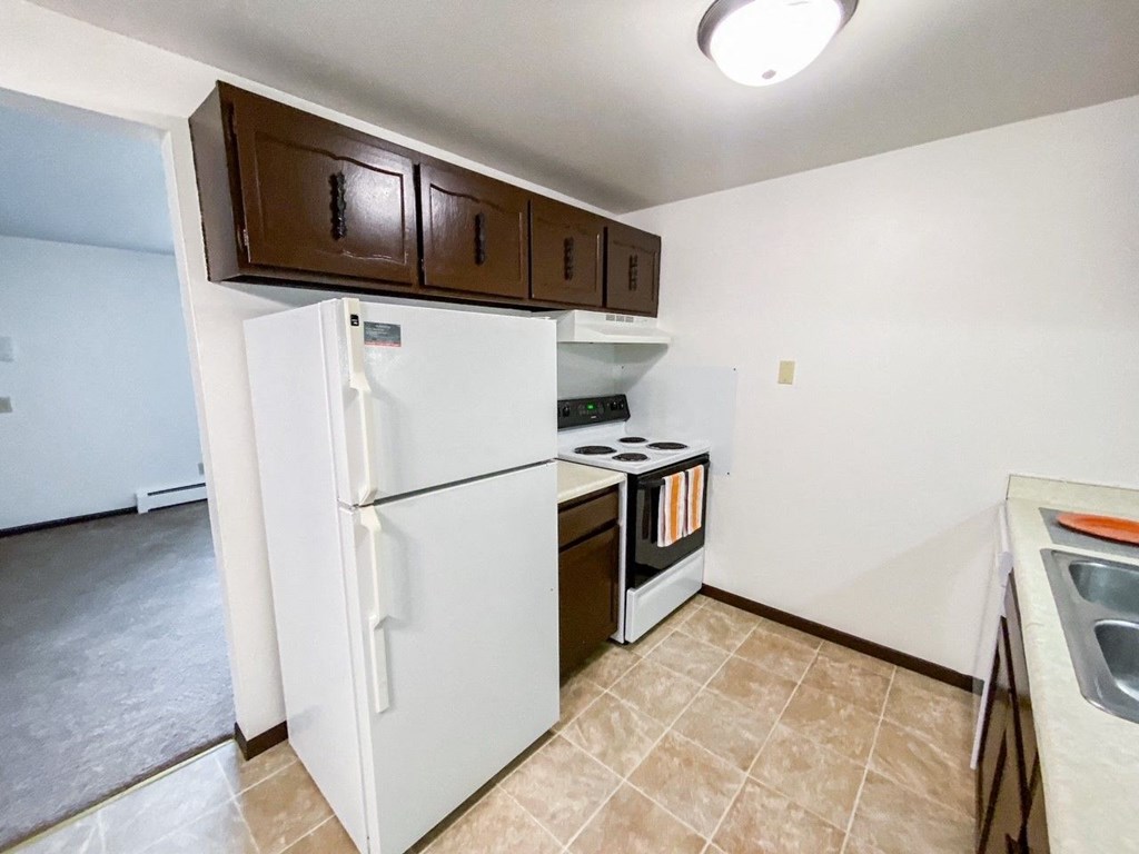 a kitchen with a refrigerator and a stove and cabinets