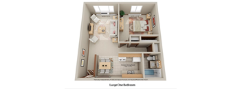 A floor plan of a large one bedroom apartment.