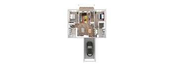 A top down view of a house with a car in the garage.