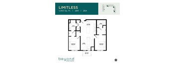 A floor plan for an apartment named Limitless, which is 1,060 square feet and has 2 bedrooms, 2 bathrooms, and a balcony.