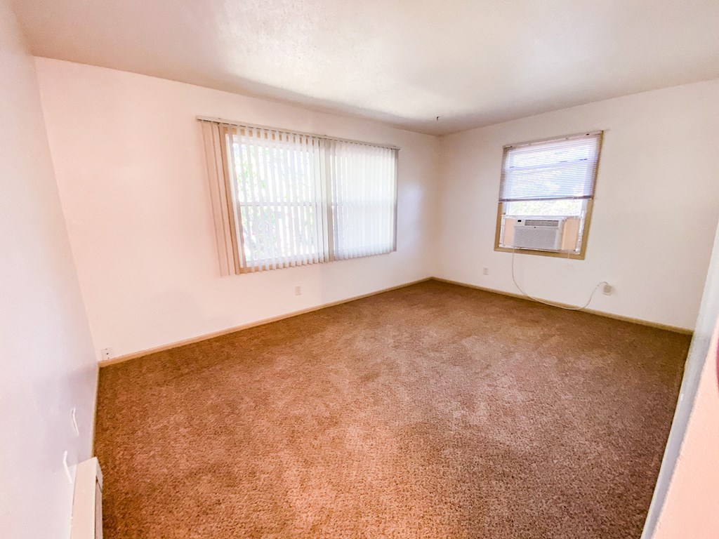 an empty living room with carpet and two windows