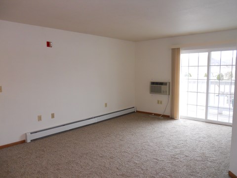 A room with a carpeted floor and a window.