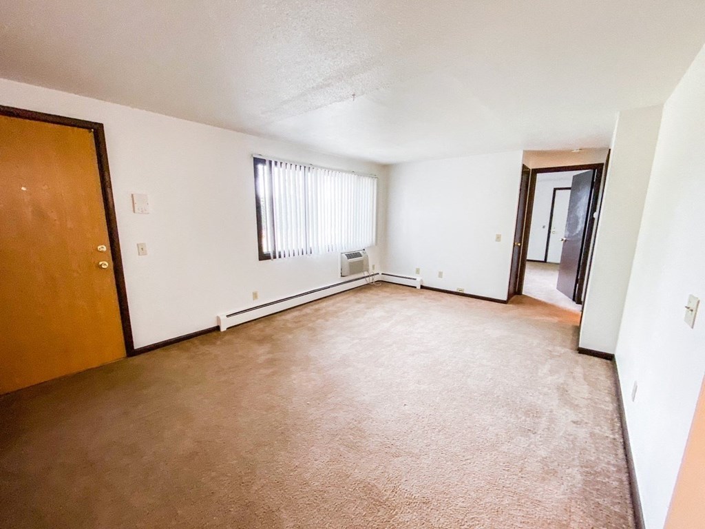 the living room of an empty house with a carpet and a door