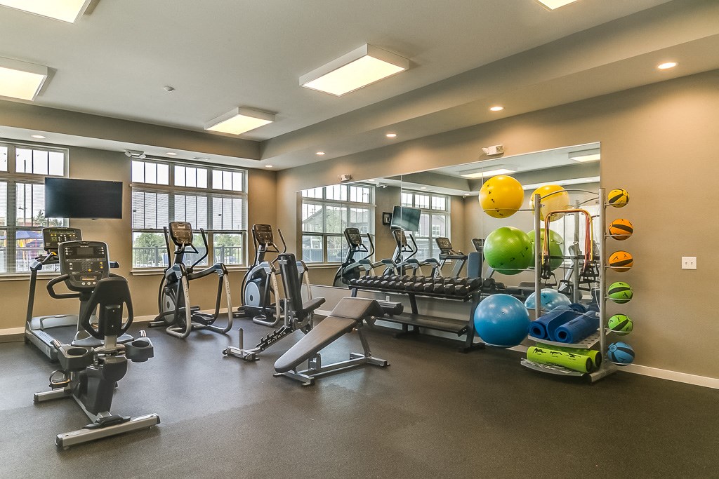 a gym with cardio equipment and weights at the enclave at woodbridge apartments in sugar land