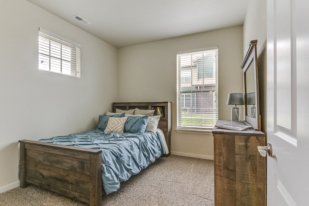 a bedroom with a bed and two windows