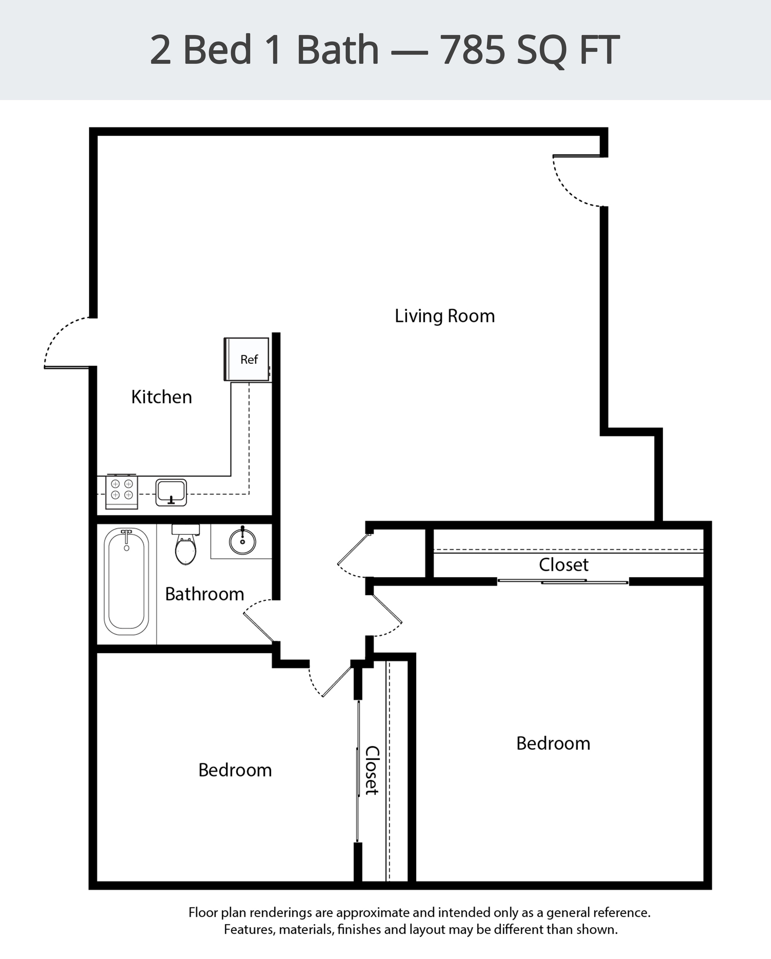 A floor plan for a 2 Bed 1 Bath - 785 SQ FT apartment.