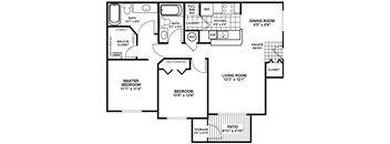 A floor plan of a house with a living room, dining room, kitchen, and two bedrooms.