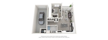 a stylized floor plan with a car and a balcony