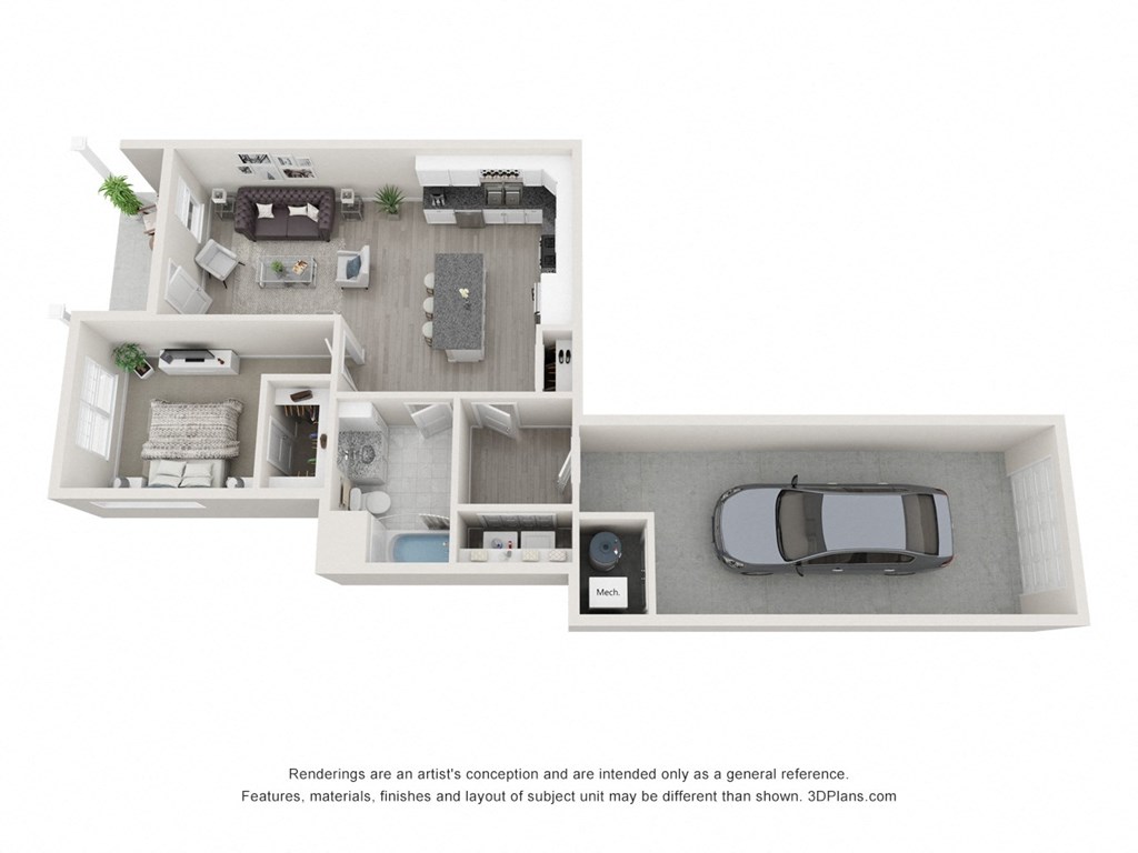 a stylized floor plan with a car and a bedroom