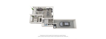 A 3D floor plan of a house with a car parked in the garage.