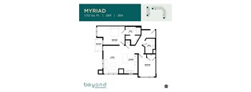 A floor plan for an apartment named MYRIAD, which is 1,152 square feet and has 2 bedrooms, 2 bathrooms, and 2 balconies.