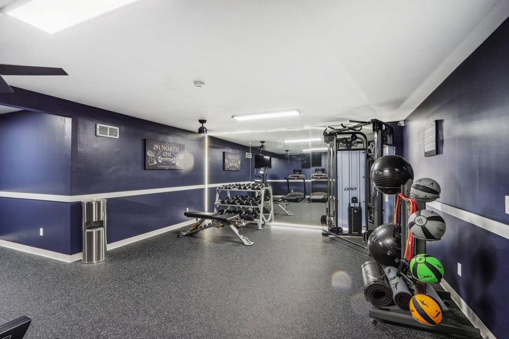 the gym is equipped with weights and other workout equipment