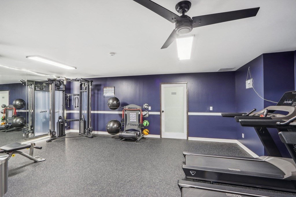 a gym with weights and a ceiling fan