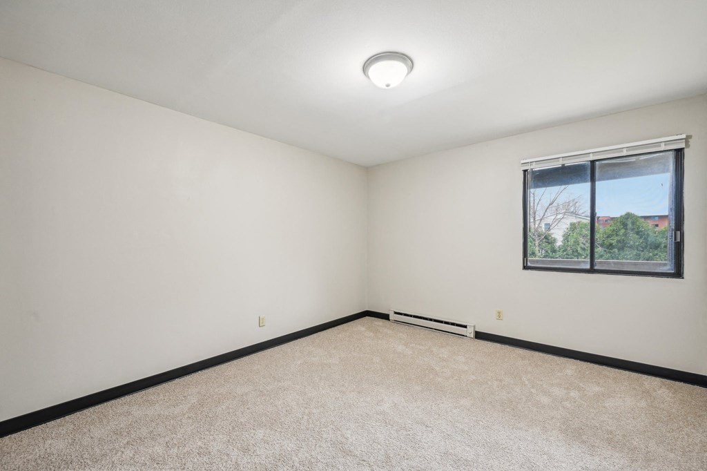 a white room with a window and a carpet