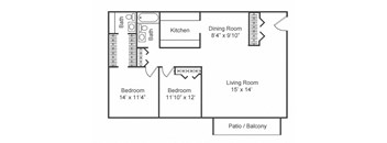 A floor plan of a small apartment with a living room, two bedrooms, a kitchen, a dining room, and two bathrooms.