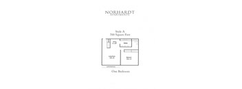 A drawing of a one bedroom apartment with a living room, dining area and kitchen.