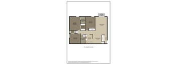 A floor plan of a house with a living room, dining room, kitchen, two bedrooms, a master bathroom, and a walk-in closet.