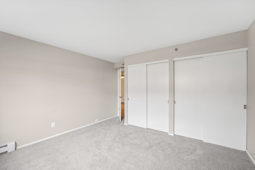 a bedroom with two closets and a carpeted floor