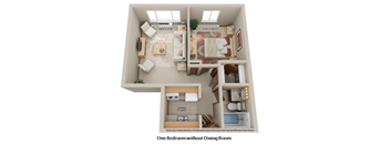 A one bedroom apartment without a dining room is shown in the image.
