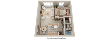 A diagram of a one bedroom apartment with a dining room.