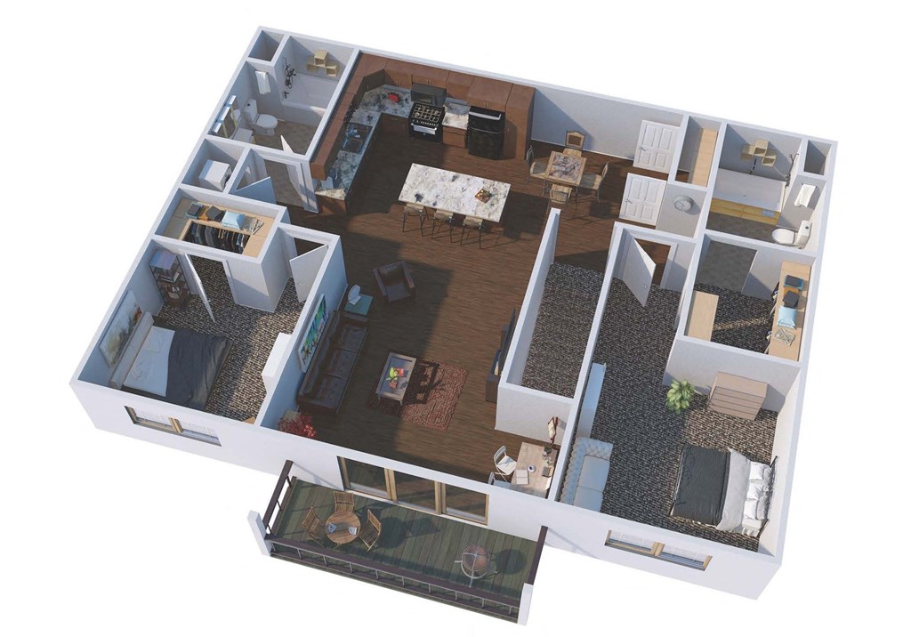 an overhead view of a 3d floor plan of a house